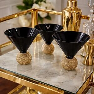 3 Black Martini Glasses Rhinestone Ball Stem Glam Cocktail Regency Barware